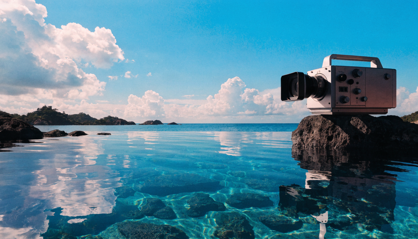 Vintage video camera by a pool