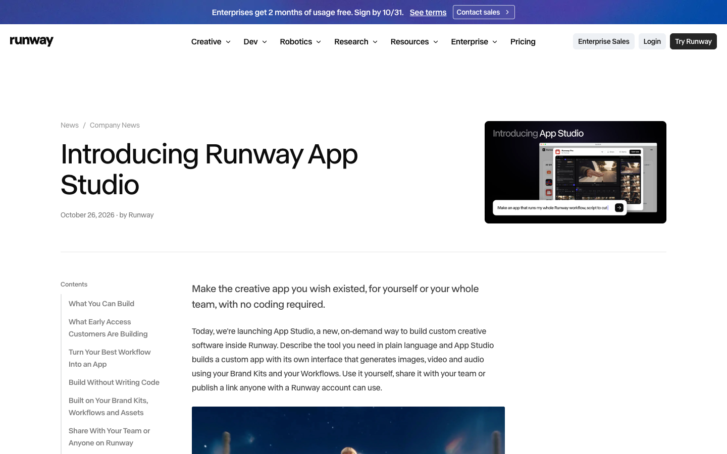 Runway's App Studio launch post on 27 October 2026