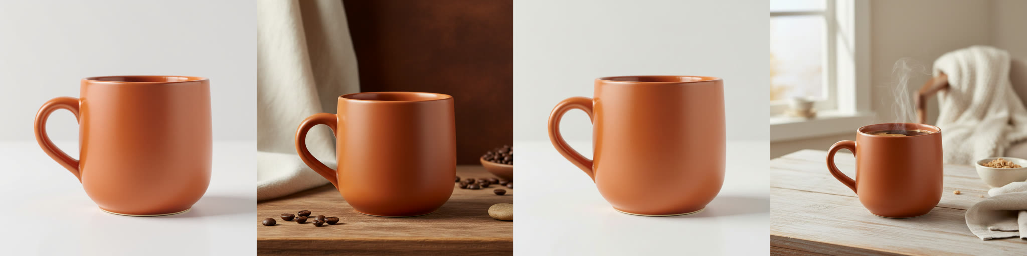 Our mug photo next to the 3 results: a launch hero on a wooden table, a plain catalog shot and a steaming mug on a kitchen table