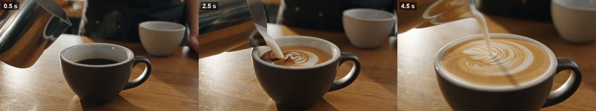 Frames at 0.5, 2.5 and 4.5 seconds from the Seedance 2.5 clip: black espresso, milk pouring with the pattern forming, and a finished rosetta