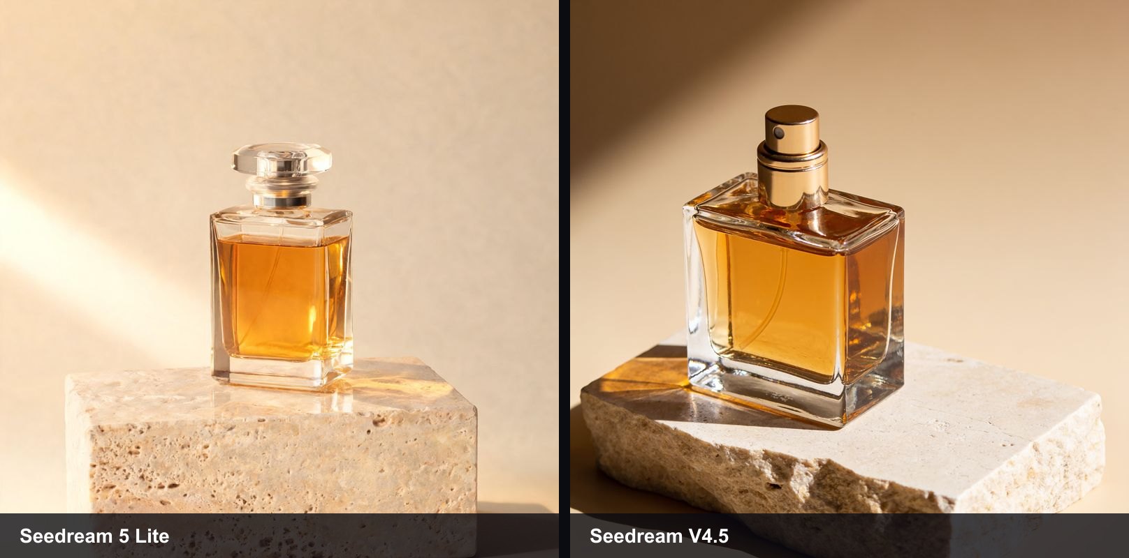 Seedream 5 Lite and Seedream V4.5 outputs for the same amber perfume bottle prompt, side by side