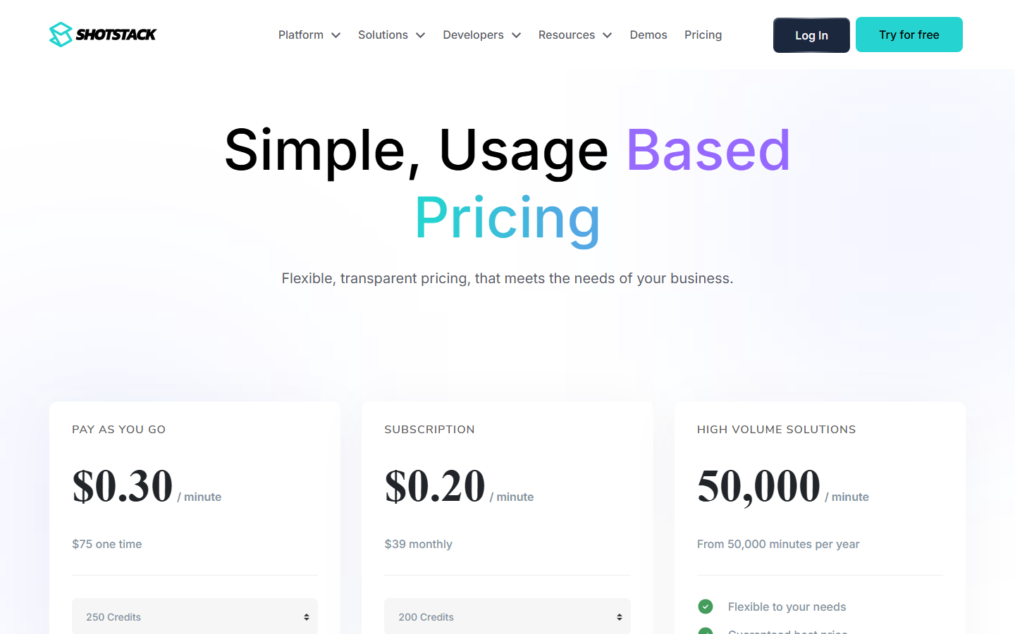 Shotstack pricing page showing pay as you go, subscription and high volume plans