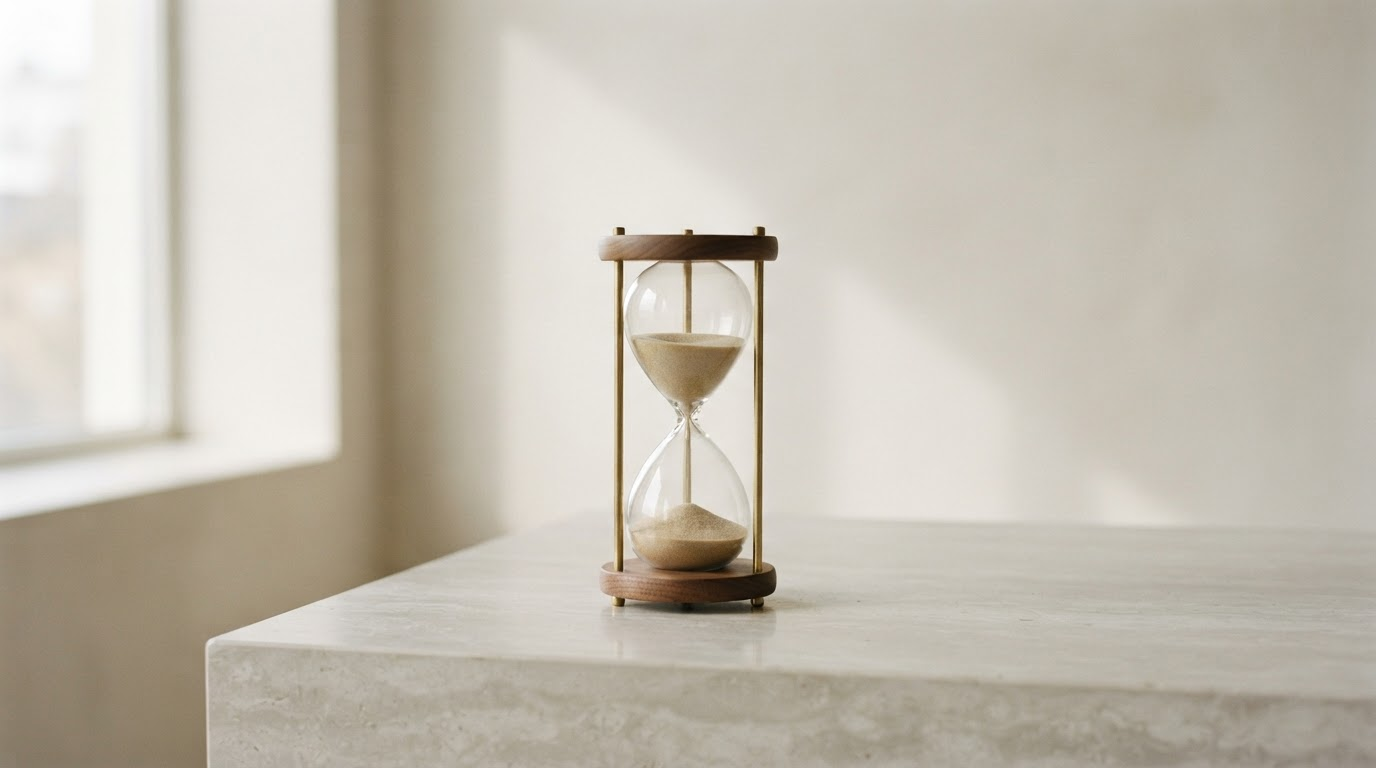 Hourglass on a stone ledge, representing per-second billing on render minutes
