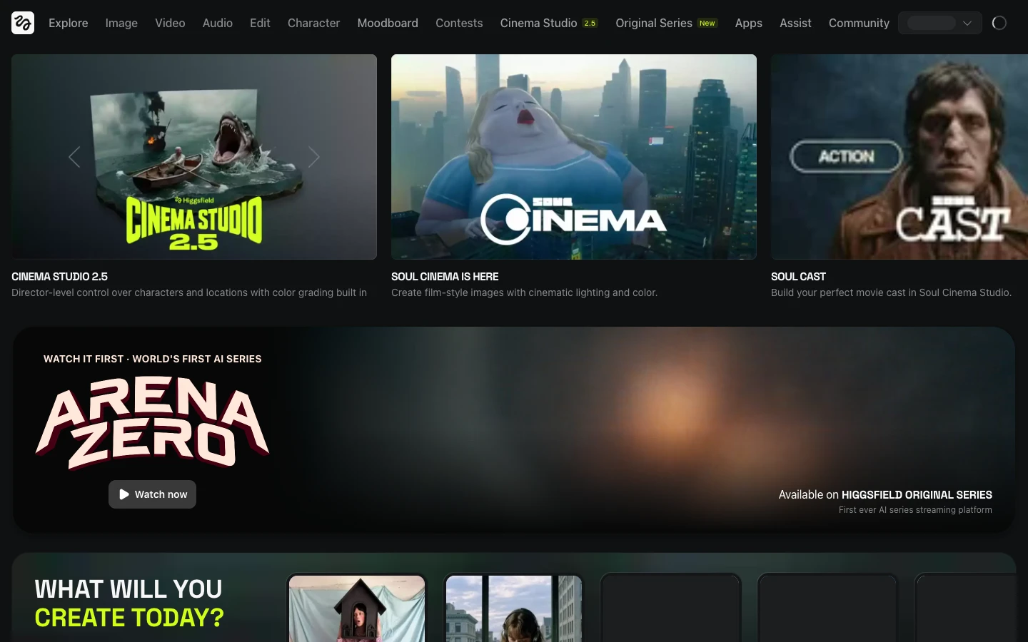 Higgsfield AI video platform homepage