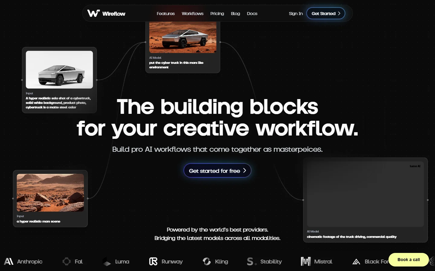 Wireflow AI homepage showing modular creative workflow blocks