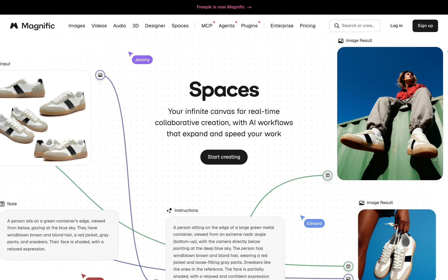 Freepik Spaces workflow board combining stock assets with AI generation