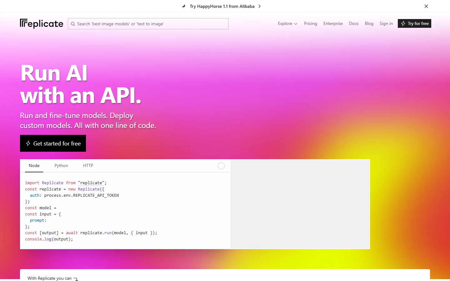 Replicate AI model marketplace and REST API, a developer-focused Weavy alternative
