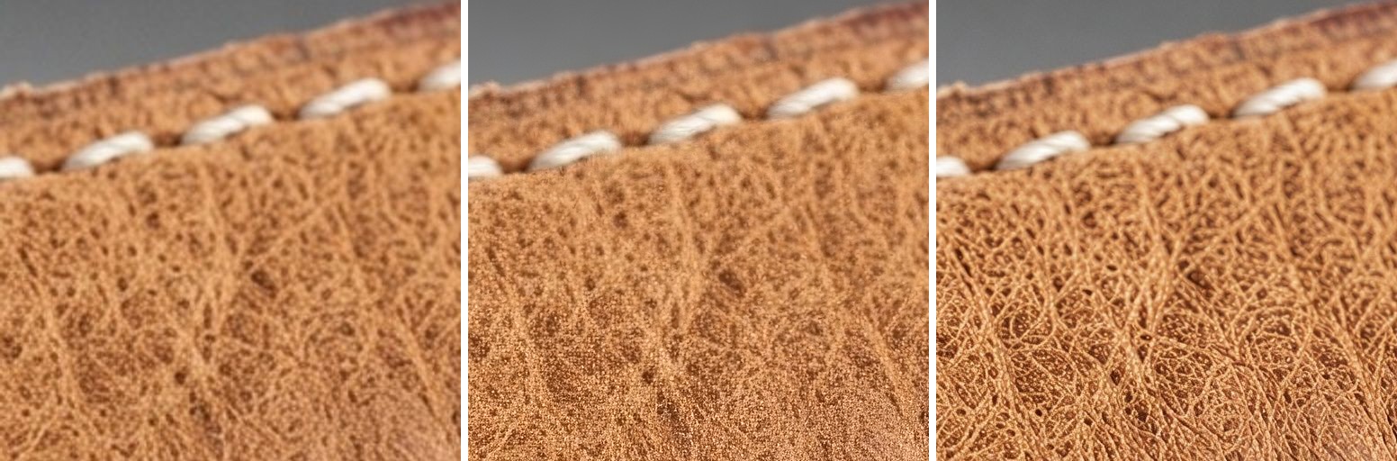 The same crop of a leather watch strap three ways, left to right: the source enlarged with a plain resize, the Topaz Upscale result and the Crystal Upscaler result