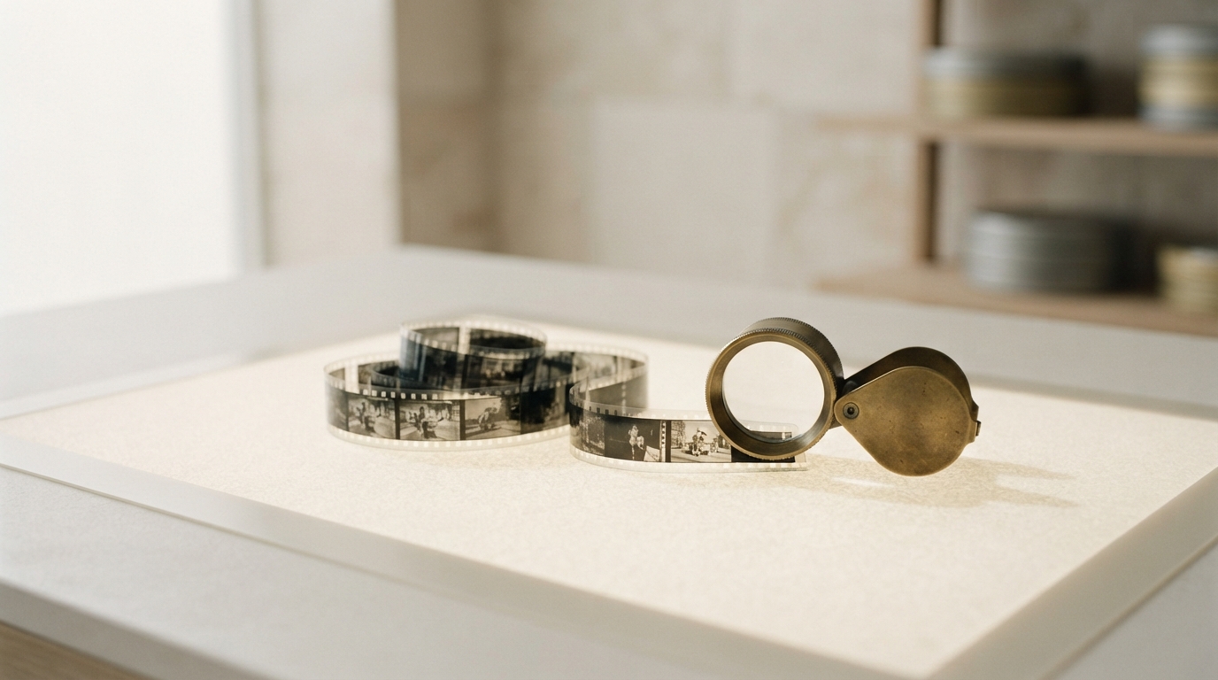A strip of old 16mm film and a brass loupe on a light table in soft daylight