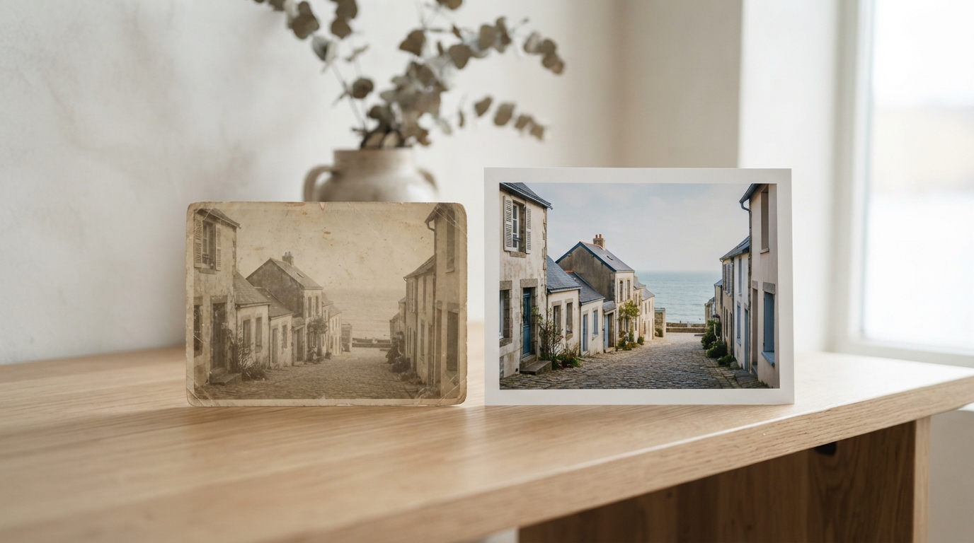 An old faded print of a seaside street beside a sharp new print of the same street on a wooden desk