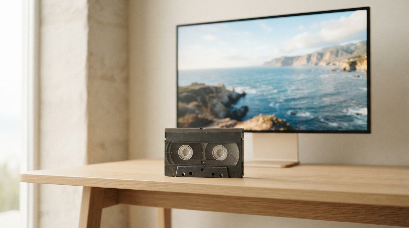 A cassette tape in front of a monitor showing a sharp coastline in a calm editing room