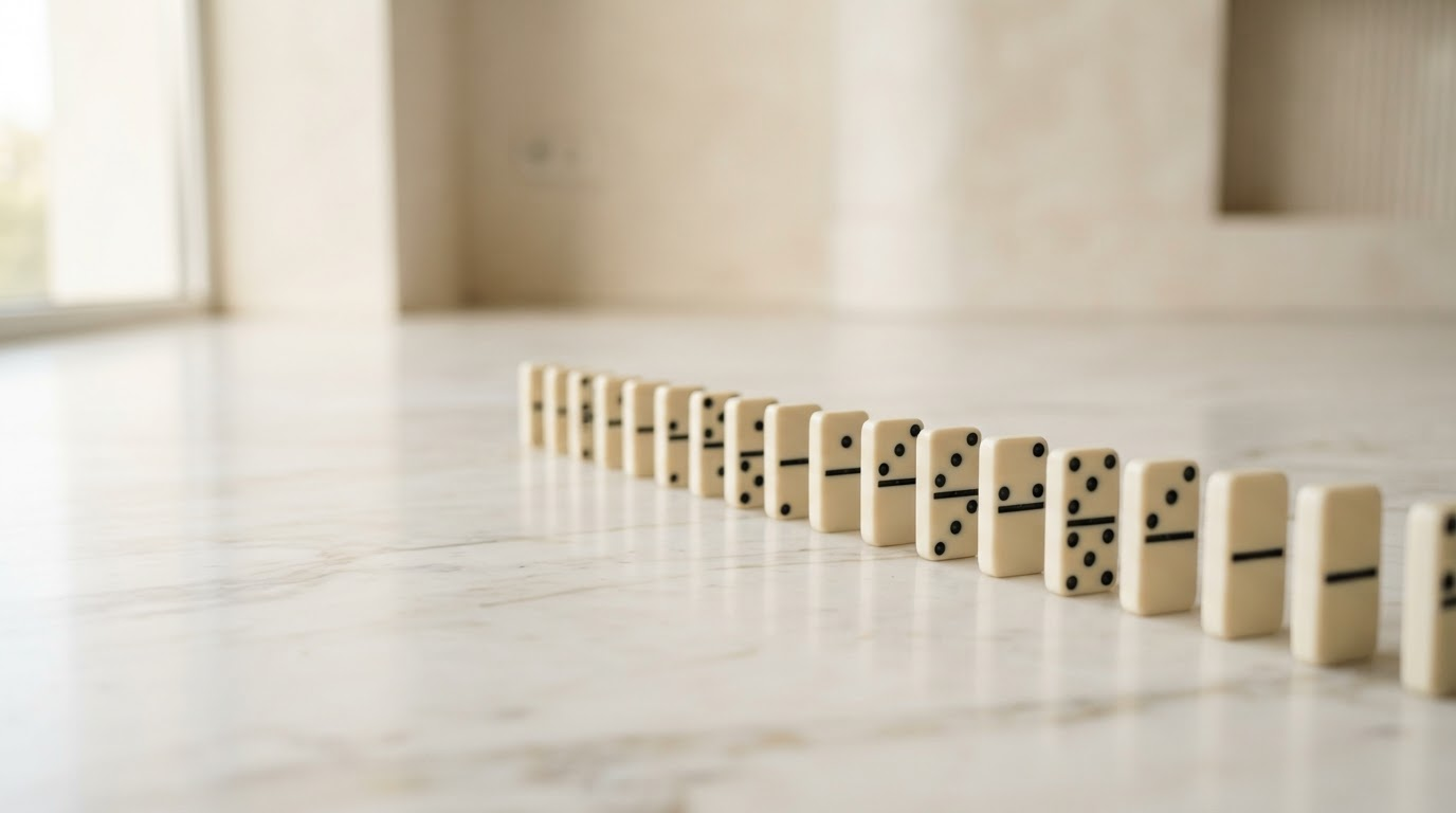 A row of dominoes on a marble floor, one change carrying through every variation