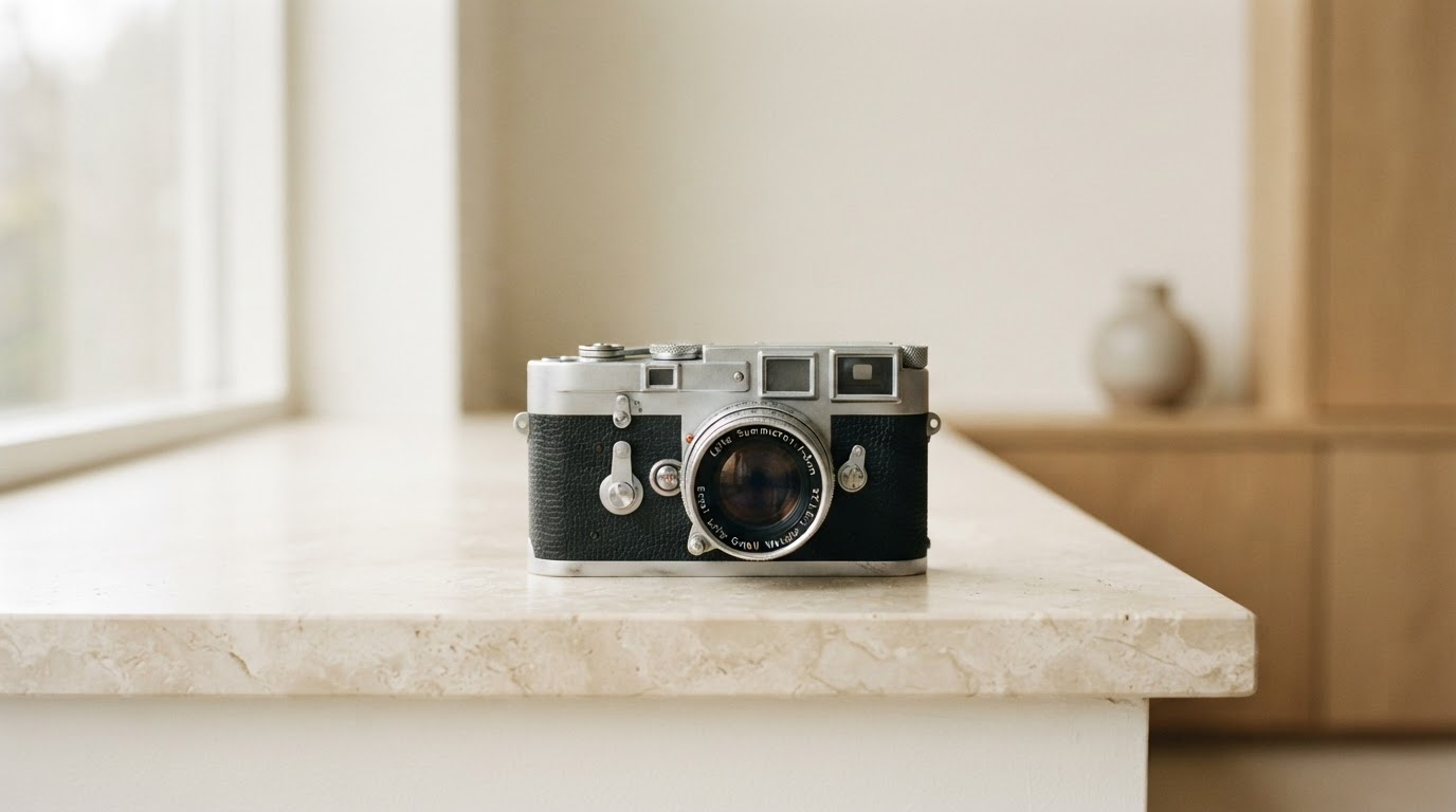 A vintage film camera on a stone counter, standing in for human-shot creator content
