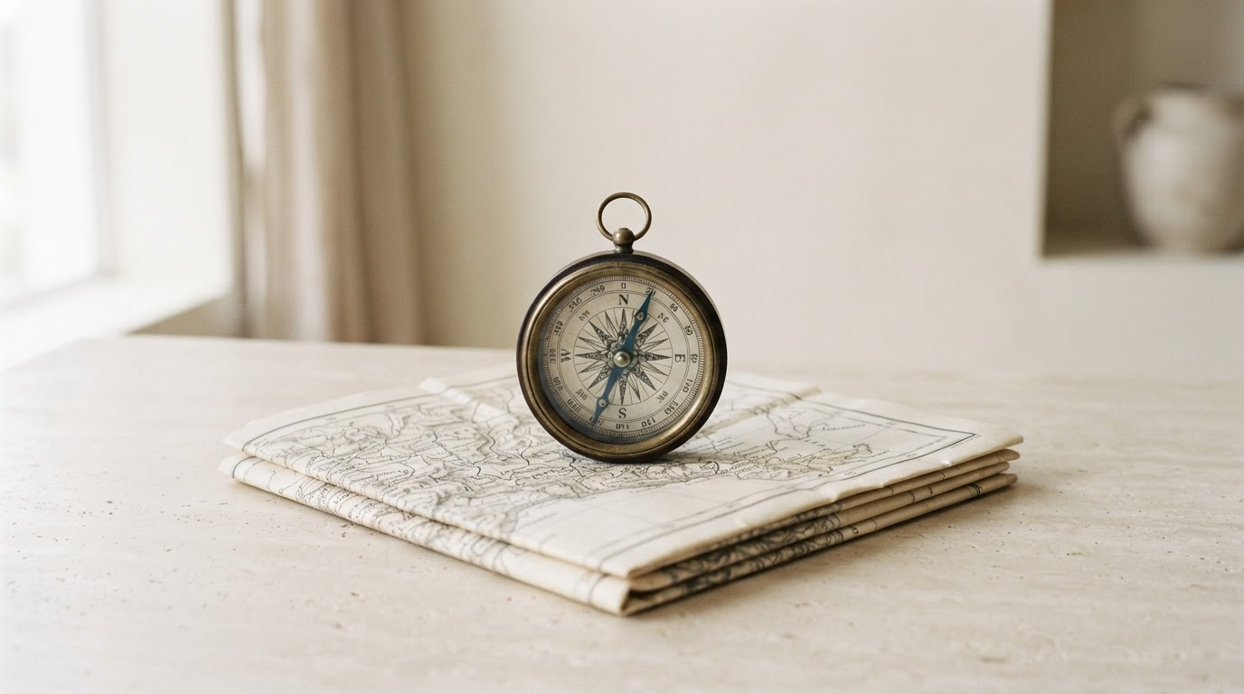 A brass compass resting on a folded map, for choosing between human and AI content