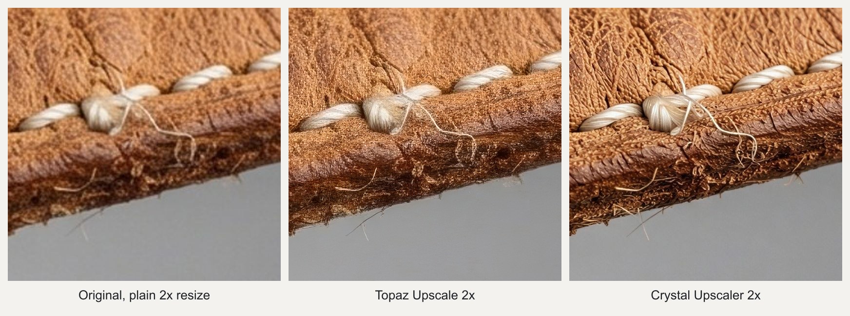 The same crop of a leather watch strap three ways: the original enlarged with a plain 2x resize, the Topaz Upscale 2x result and the Crystal Upscaler 2x result
