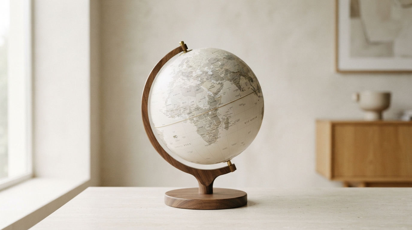 A desk globe on a walnut stand on a pale wooden table in a bright room