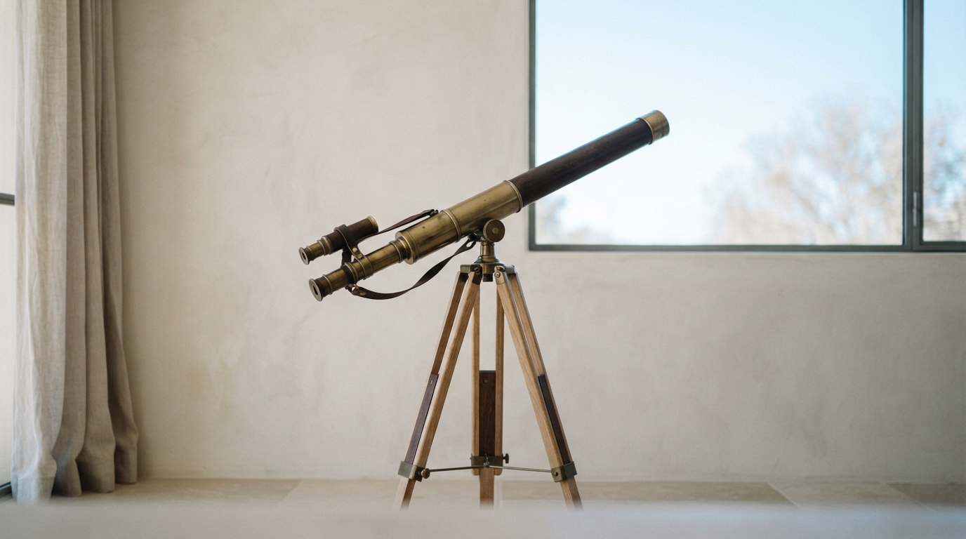 A brass telescope on a wooden tripod beside a tall window in a calm room
