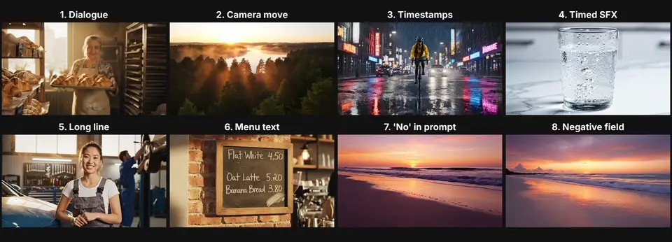 All eight Veo 3.1 Fast clips from this test in one grid: dialogue, camera move, timestamps, timed sound effect, long line, menu text, no in prompt and negative field