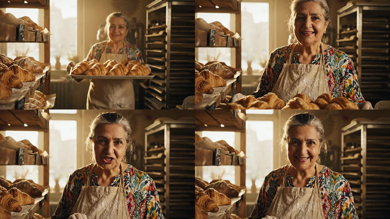 Prompt 1 frames at 0.5, 2.5, 4.5 and 7 seconds: the baker carries a tray of croissants toward the camera, then speaks to the lens