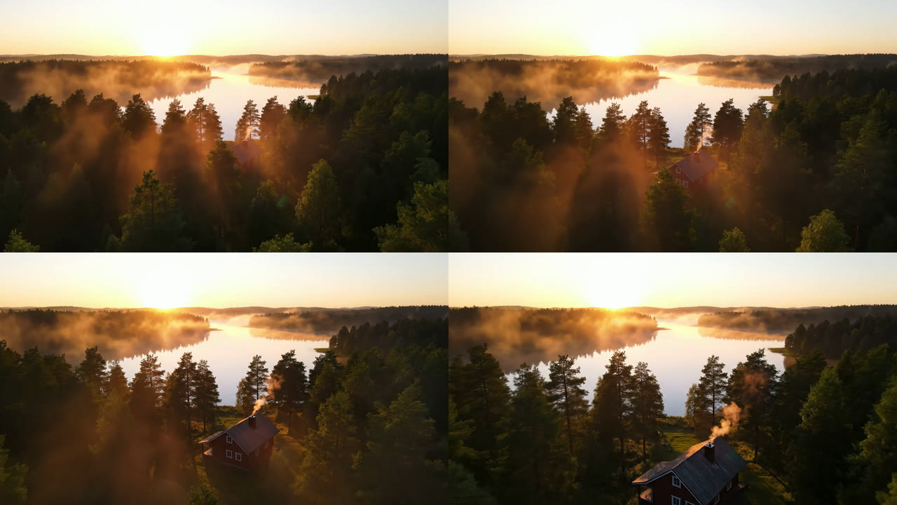 Prompt 2 frames: a misty pine forest at sunrise, the camera glides forward and tilts down until a red cabin with chimney smoke fills the lower right