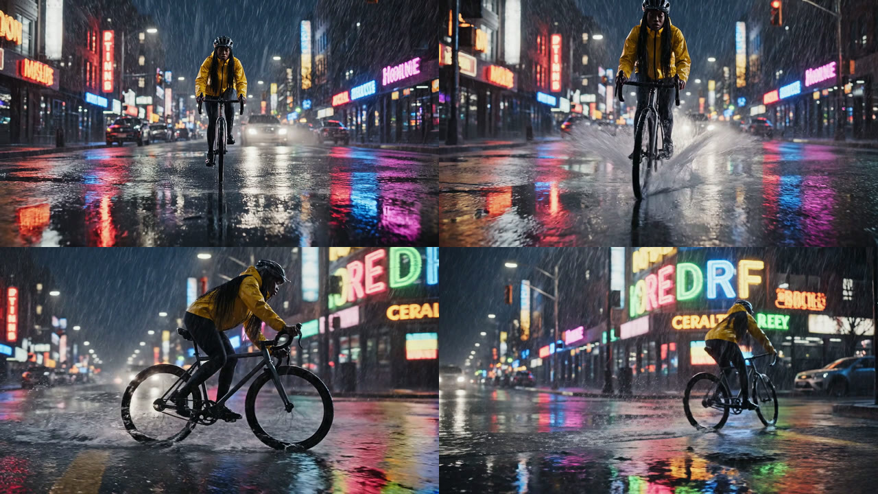 Prompt 3 frames: one continuous shot of a cyclist in a yellow jacket riding toward the camera, splashing a puddle, then crossing the frame past neon signs with garbled words