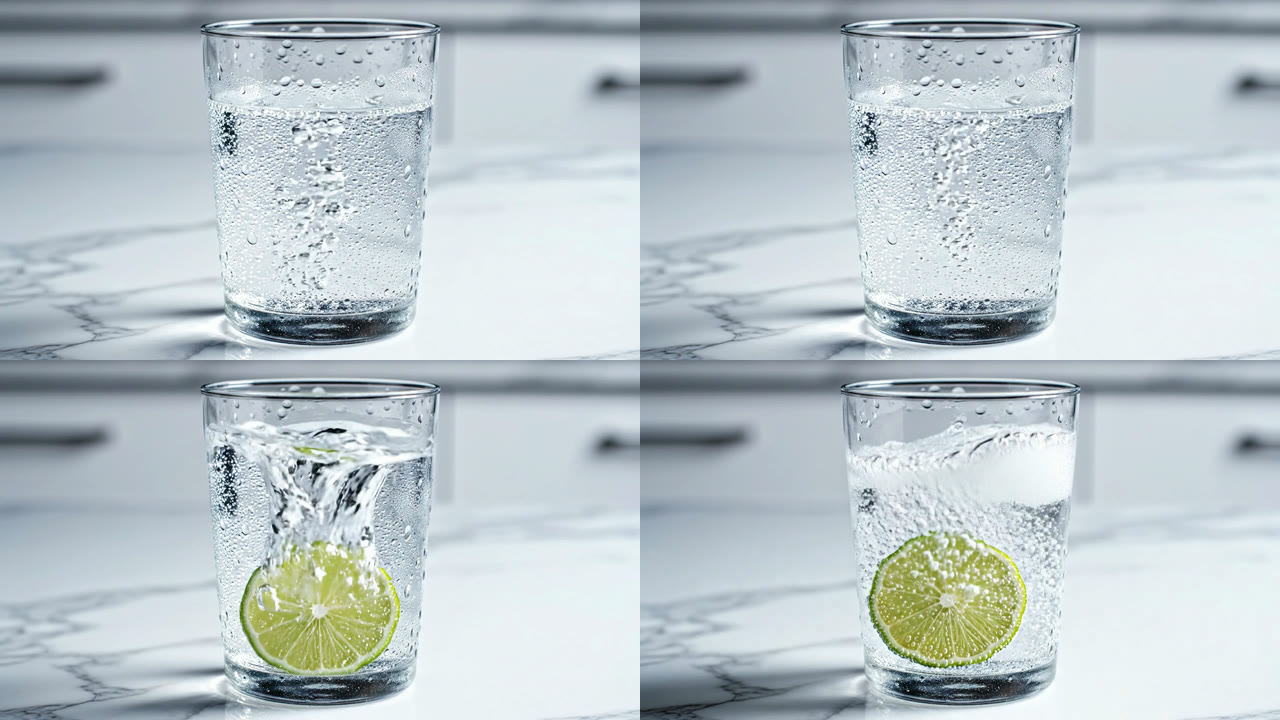 Prompt 4 frames: a glass of sparkling water on marble, a lime slice drops in after 3 seconds and sinks in a burst of bubbles