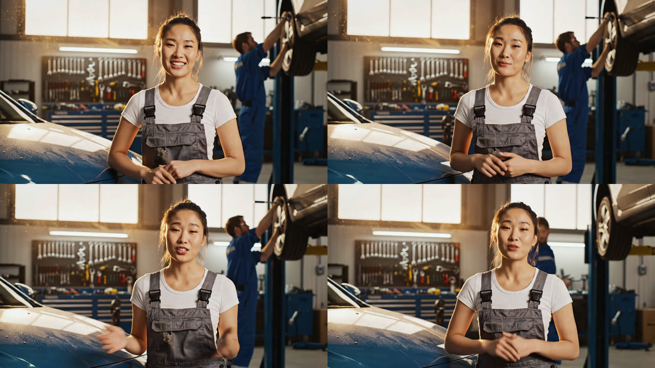 Prompt 5 frames: a young woman mechanic in grey overalls talks to camera in a garage while a man works on a lifted car behind her