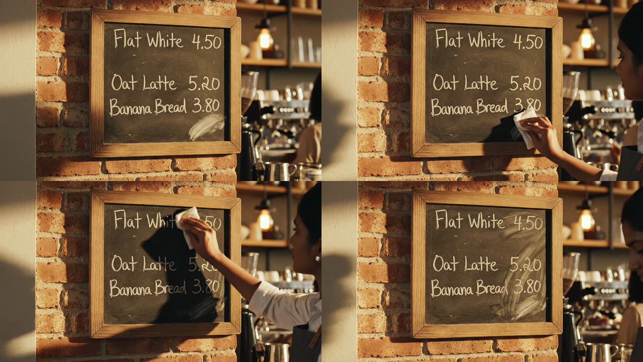 Prompt 6 frames: a chalkboard reading Flat White 4.50, Oat Latte 5.20 and Banana Bread 3.80, as a barista's hand wipes across the prices
