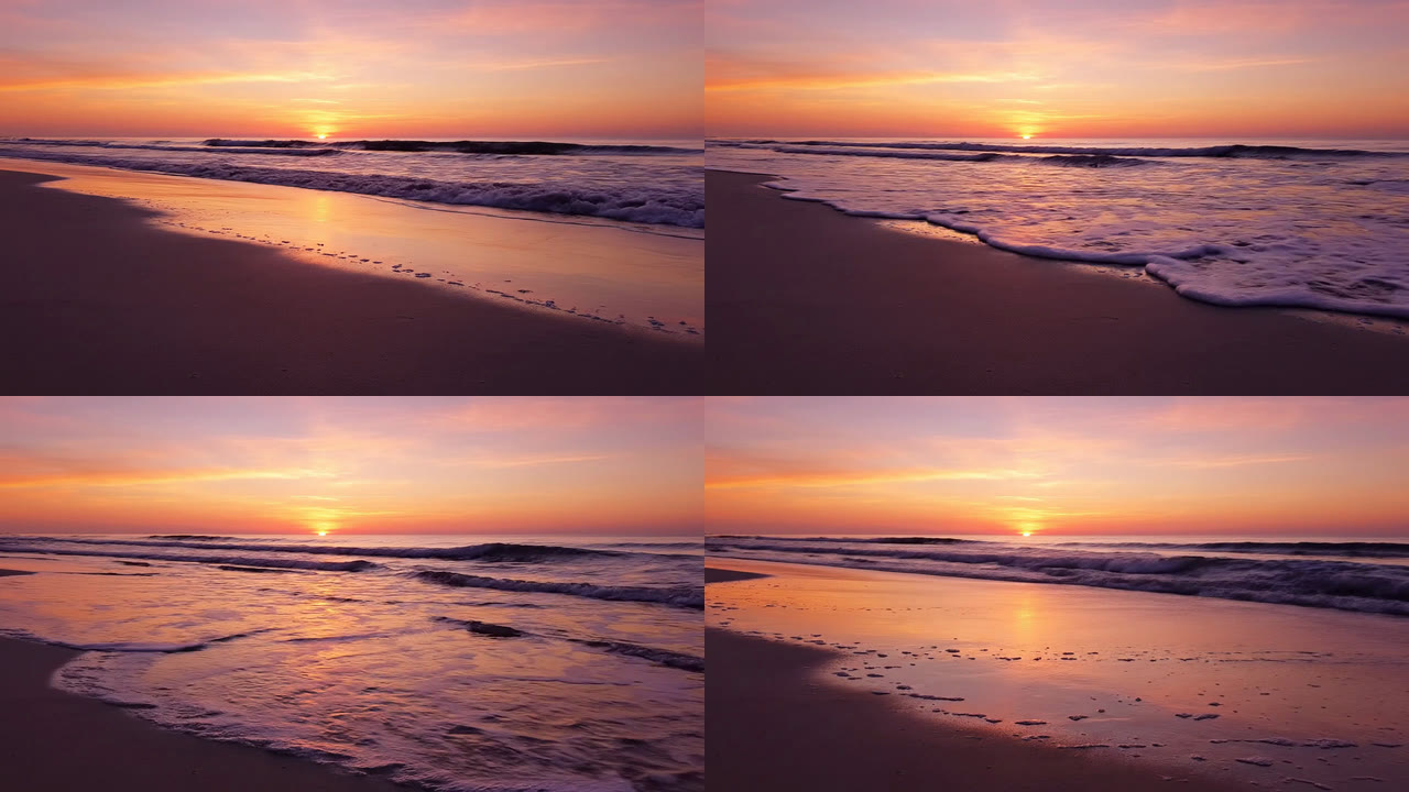 Prompt 7 frames: an empty beach at sunset with waves and foam, no people, boats or birds