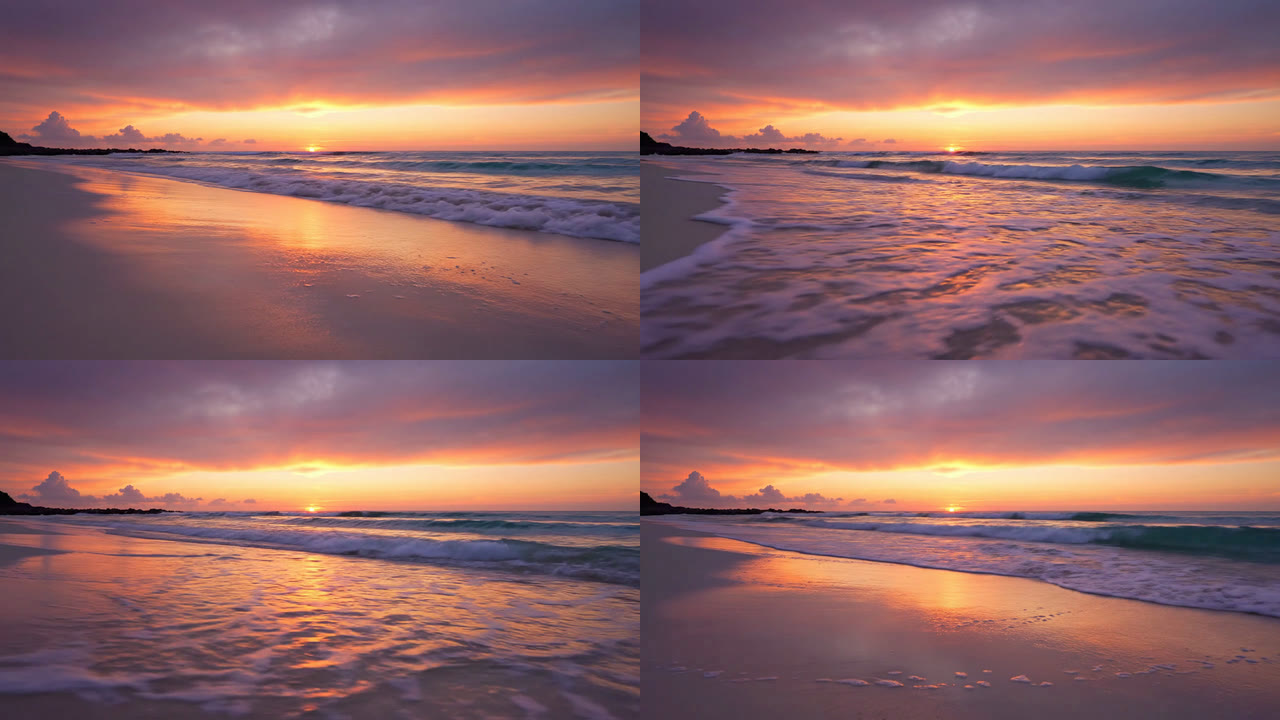 Prompt 8 frames: an empty beach at sunset under pink clouds with a rocky headland, no people, boats or birds