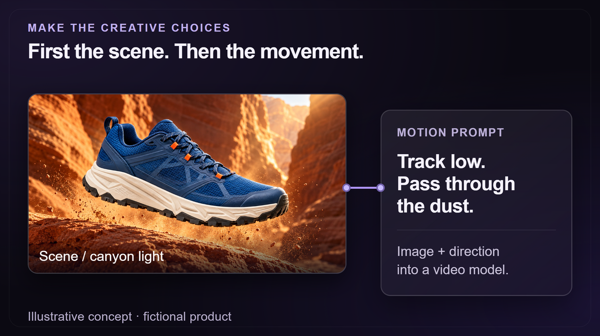 Illustrative canyon scene paired with a camera-motion direction for an AI video workflow