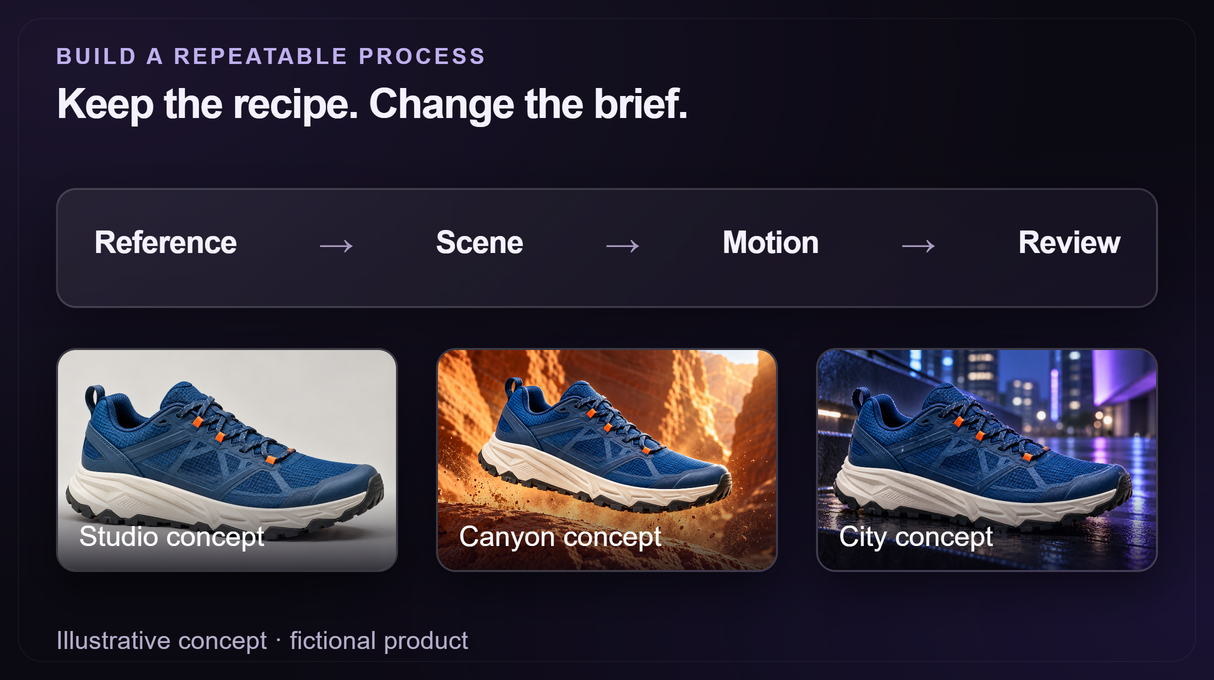 Illustrative reusable video recipe with studio, canyon and city creative directions