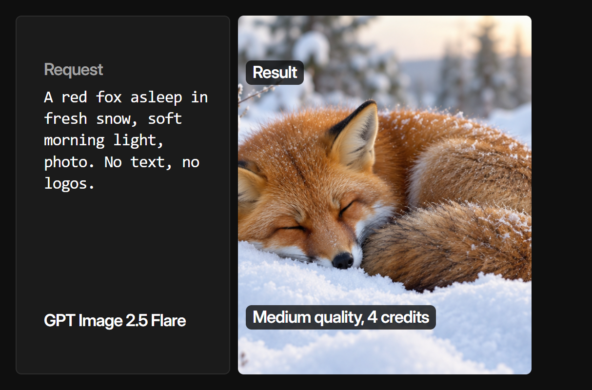 The request sent from Claude Code and the image GPT Image 2.5 Flare returned
