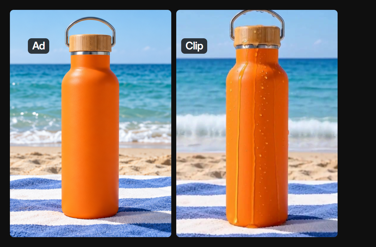 One product brief run in Wireflow, the ad frame and a frame from its short clip