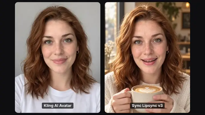 Two AI talking heads of the same made-up woman, side by side, made in Wireflow