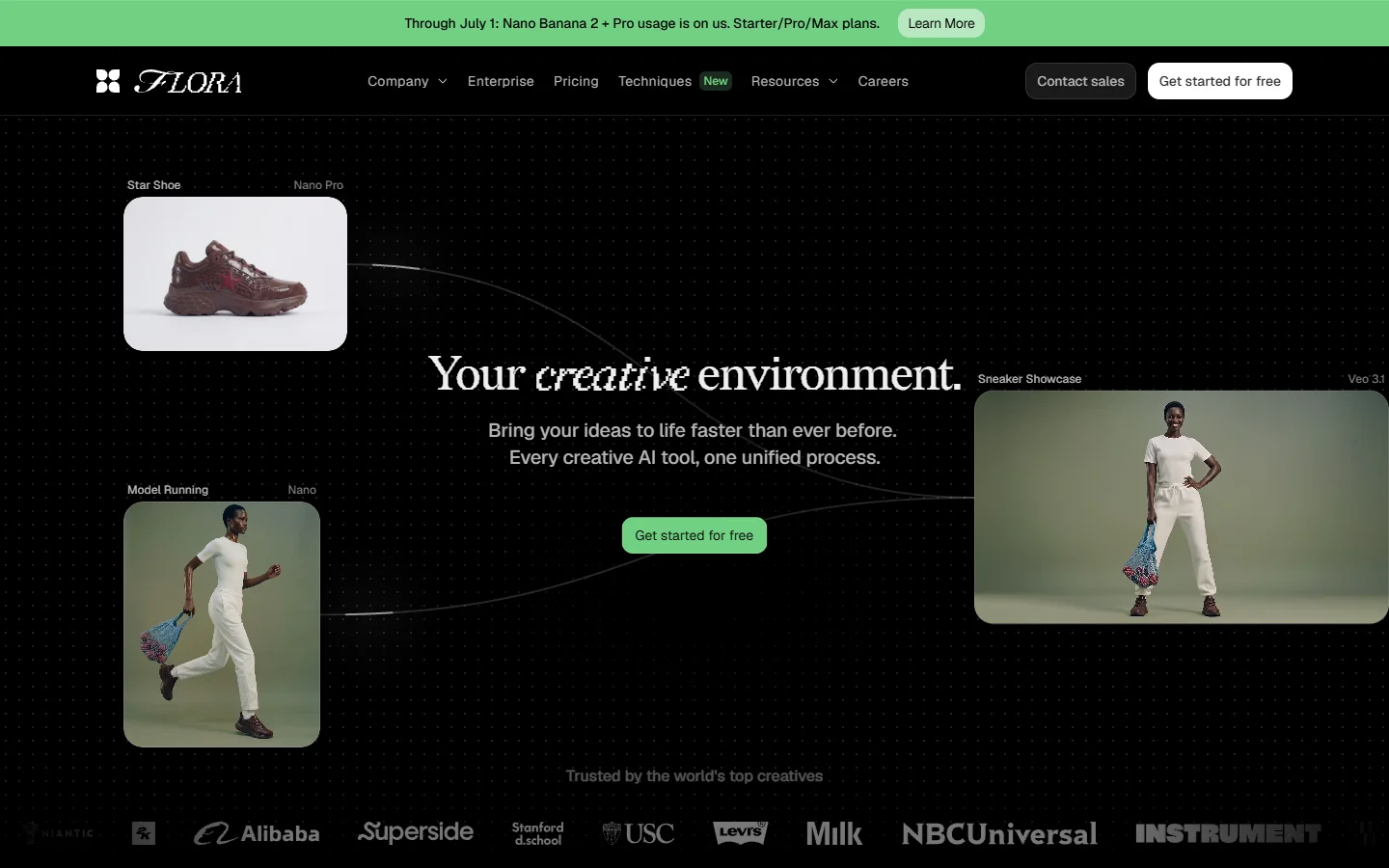 Flora AI homepage showing infinite canvas for AI model chaining