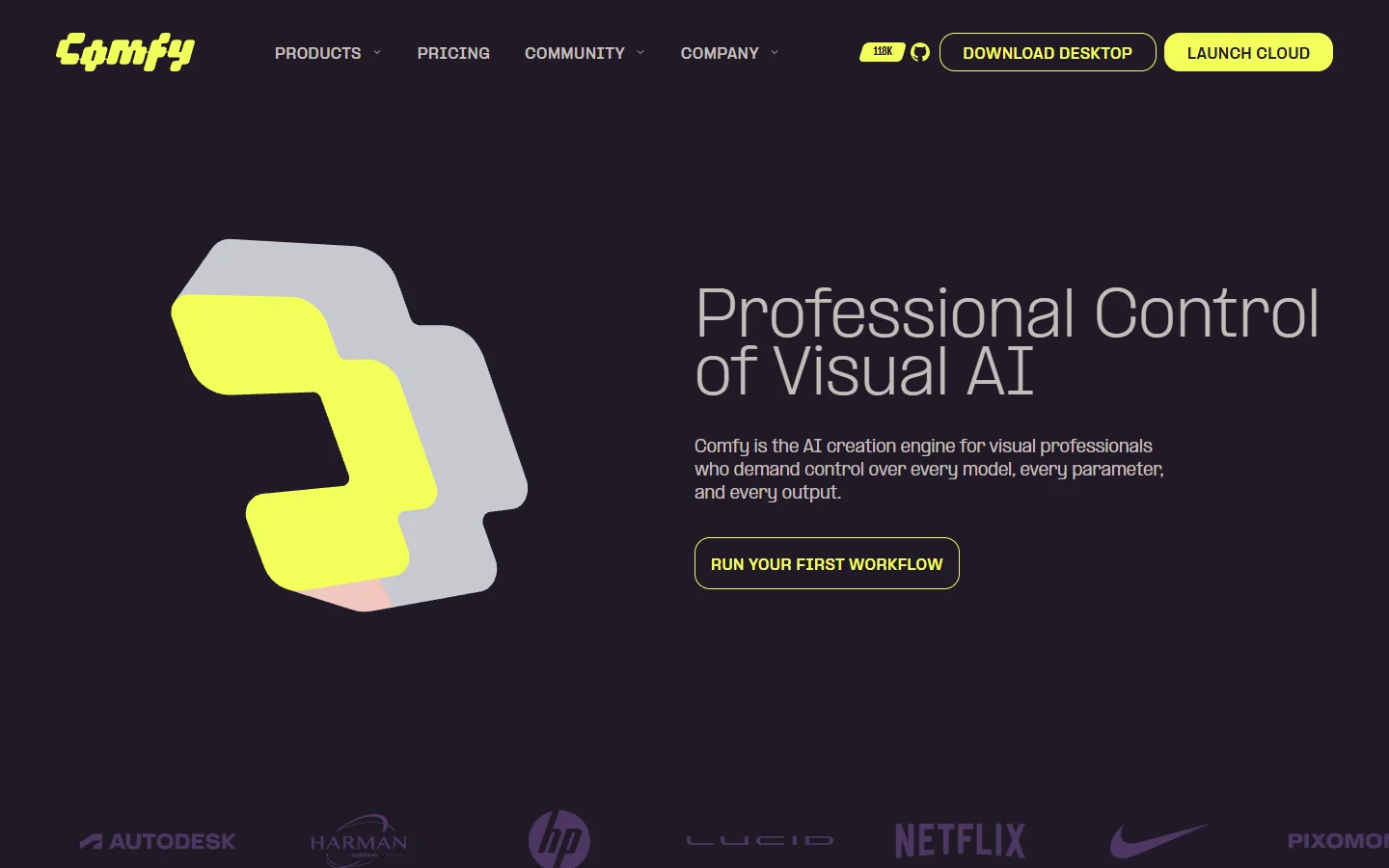 ComfyUI homepage showing the open-source node-based image generation interface