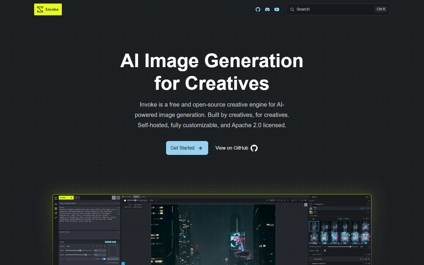 InvokeAI homepage showing its professional image generation workflow tools