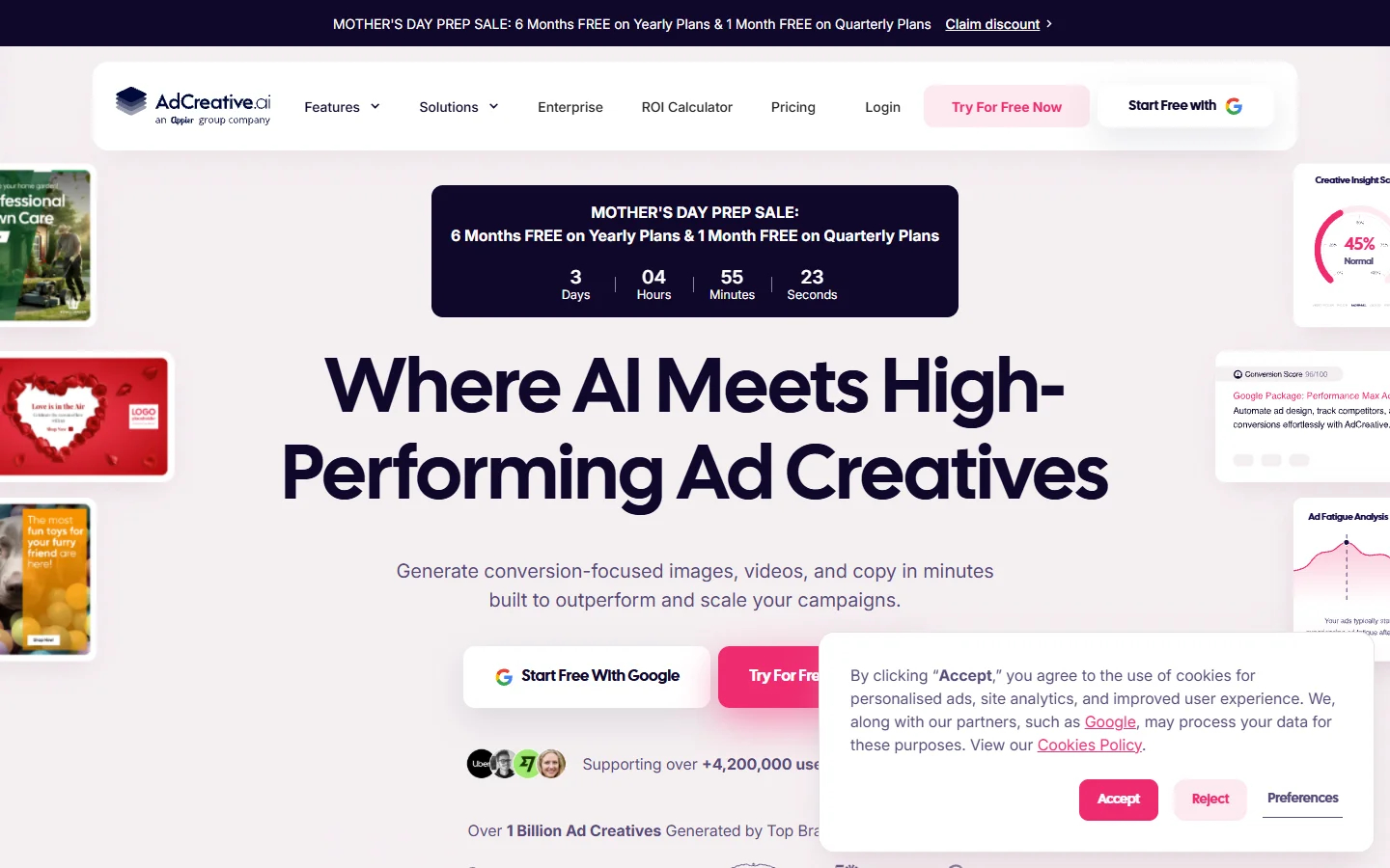 AdCreative.ai homepage showing the platform's ad creative generation and performance scoring interface