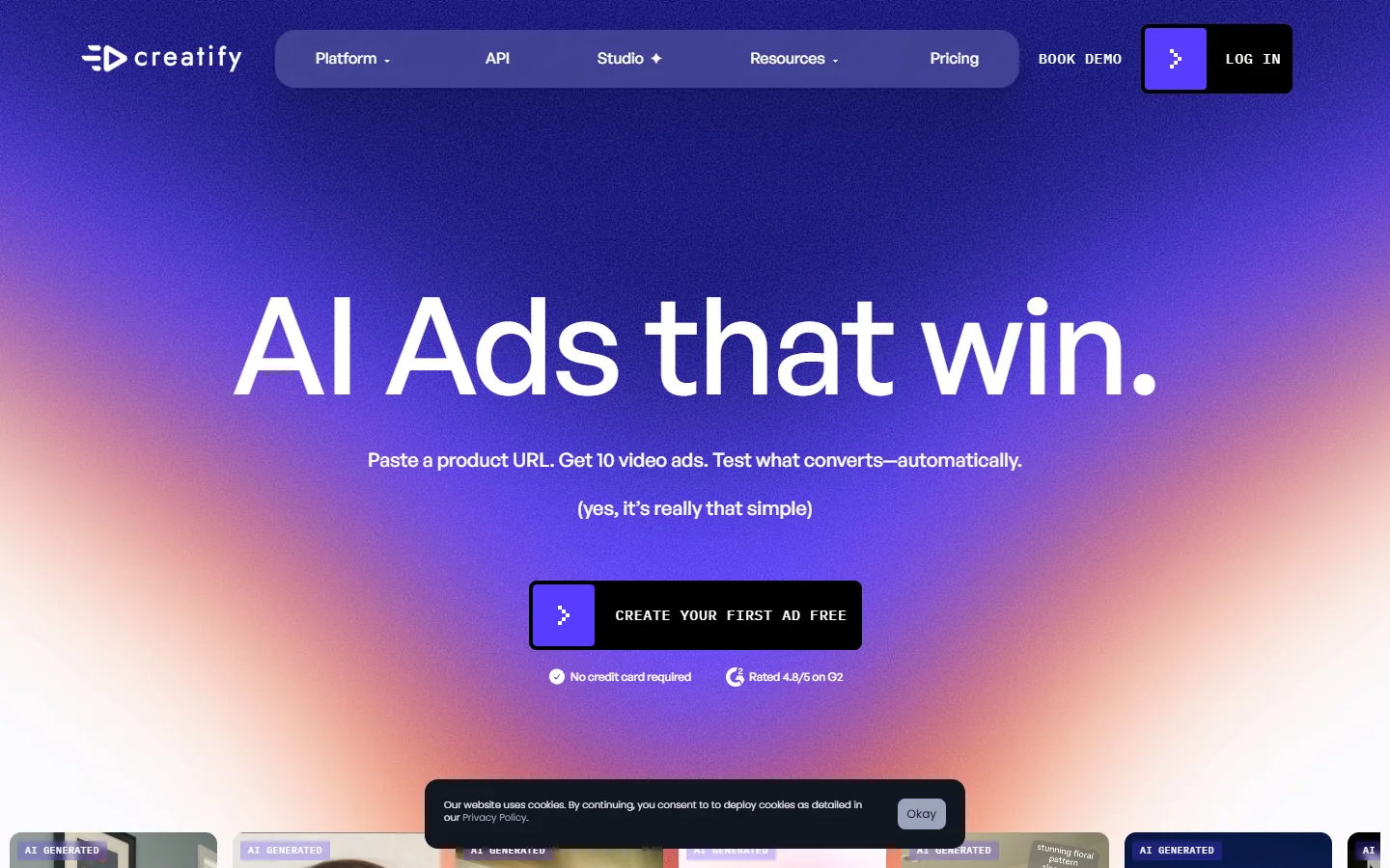 Creatify homepage showing the AI video ad generation platform with product URL input and voiceover options