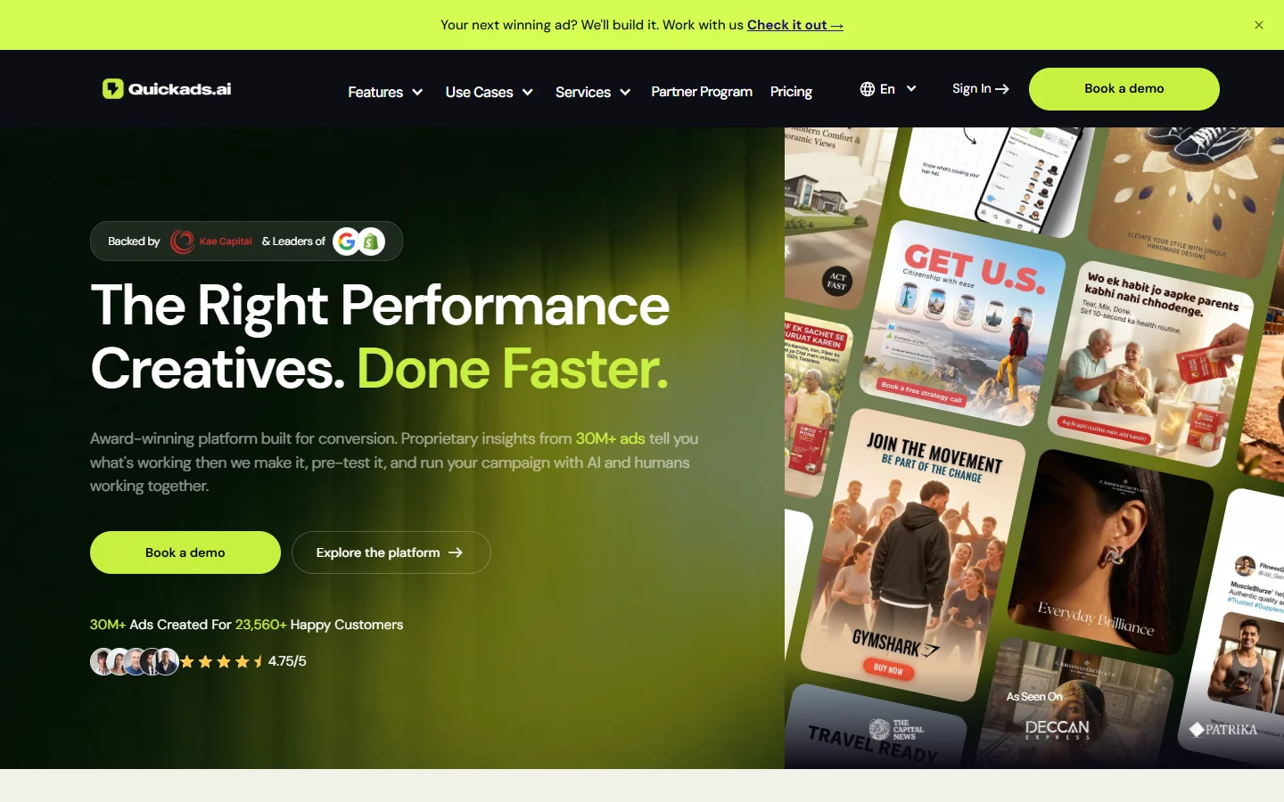 QuickAds homepage showing the multi-platform ad generator with automatic resizing and format optimization