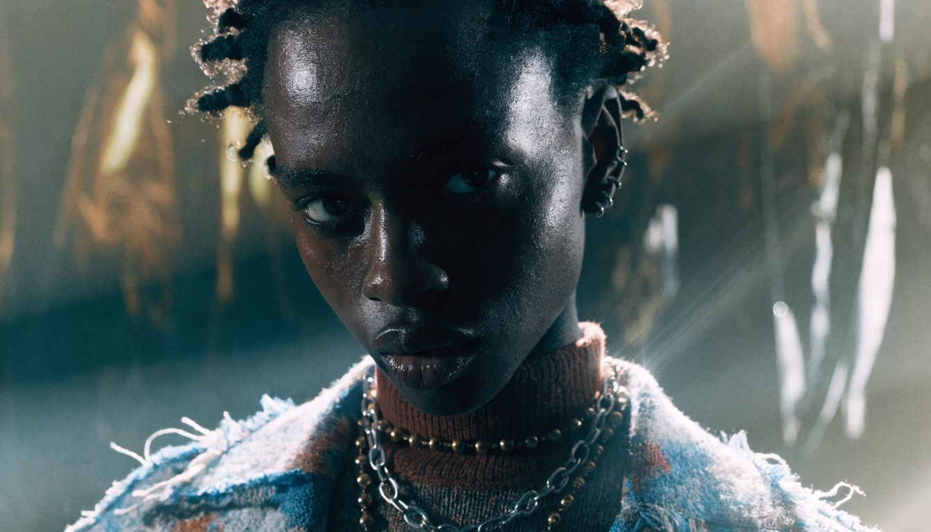 Professional photographer reviewing AI-edited images on a tablet in a modern studio setting