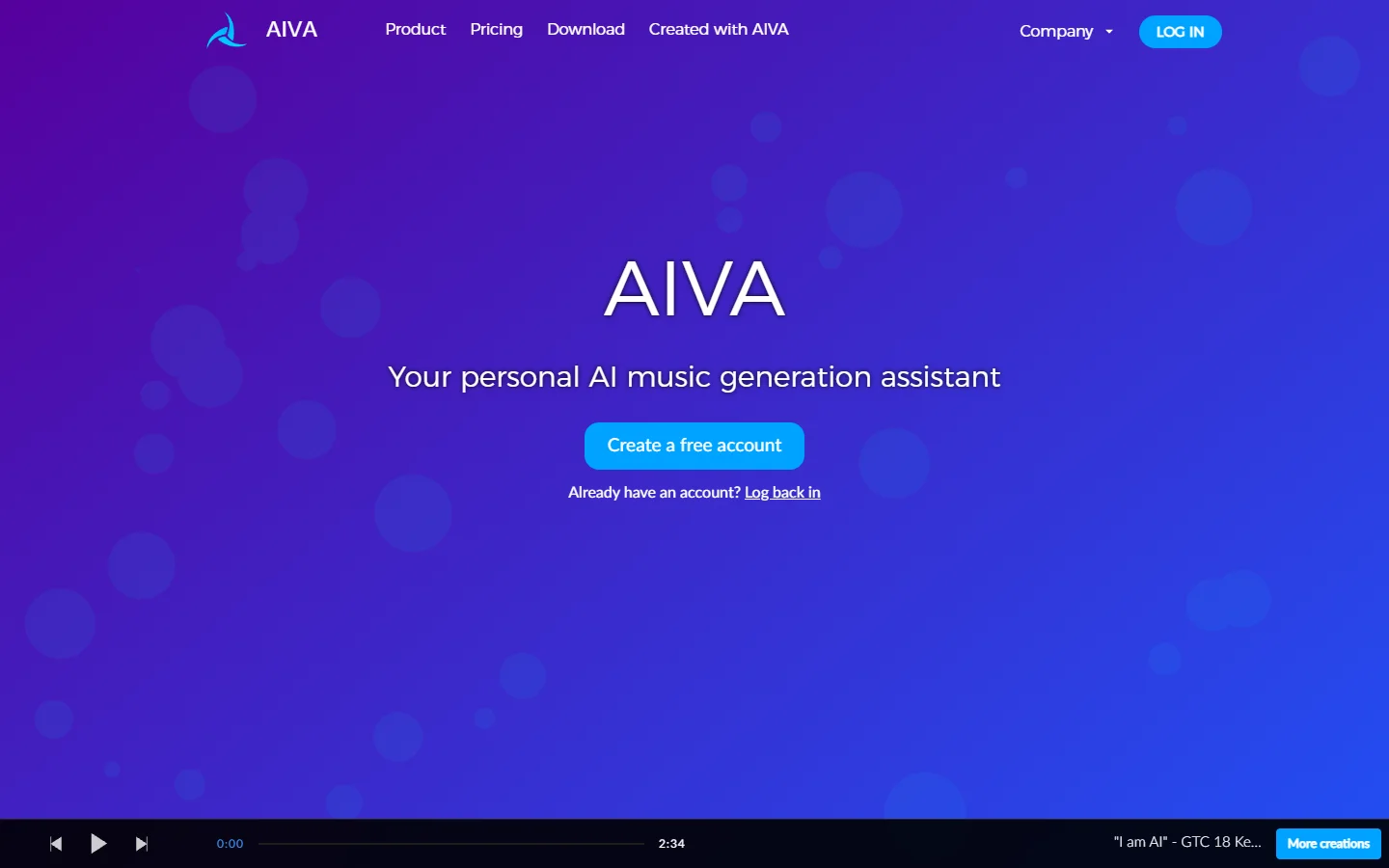 AIVA AI composer homepage screenshot