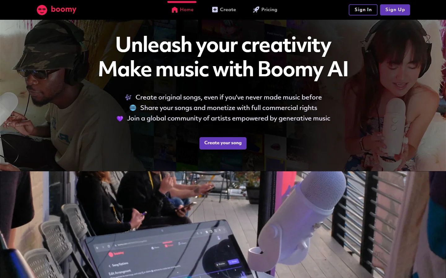 Boomy AI music maker homepage screenshot