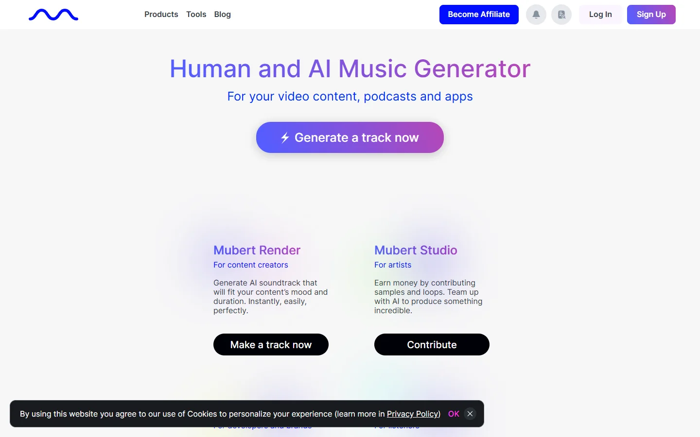 Mubert AI background music homepage screenshot