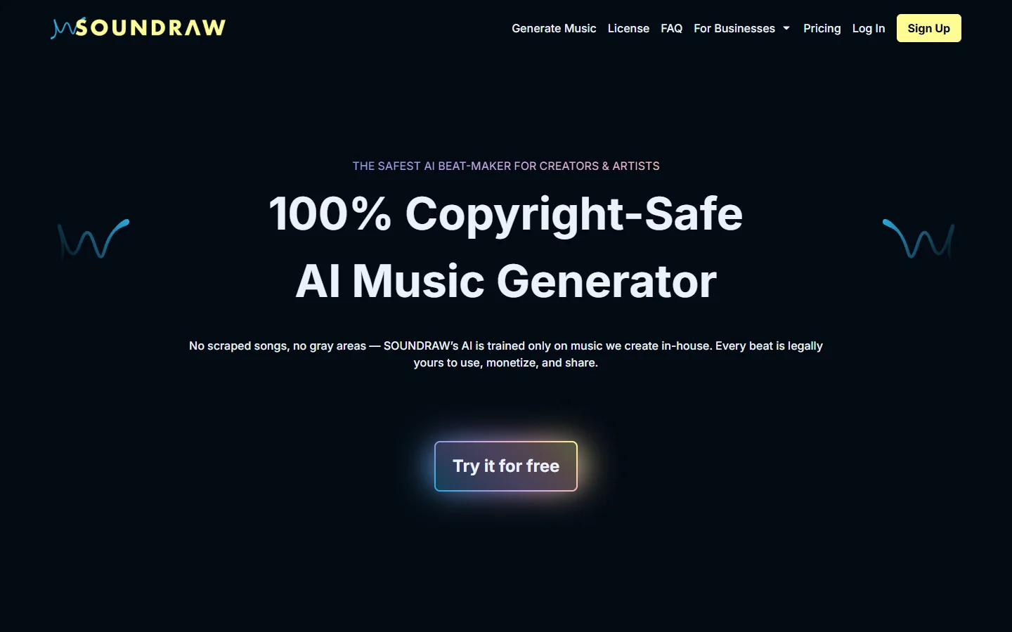 Soundraw royalty-free AI music homepage screenshot