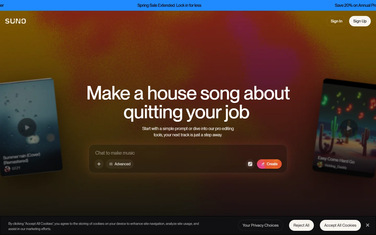 Suno AI music generator homepage screenshot
