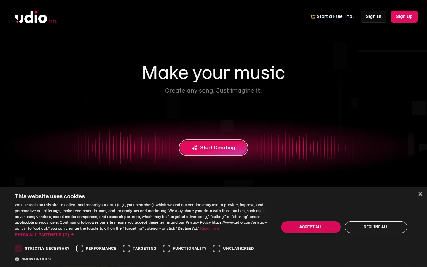 Udio AI music platform homepage screenshot