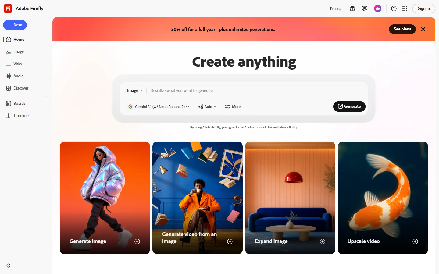 Adobe Firefly homepage with generative AI design tools