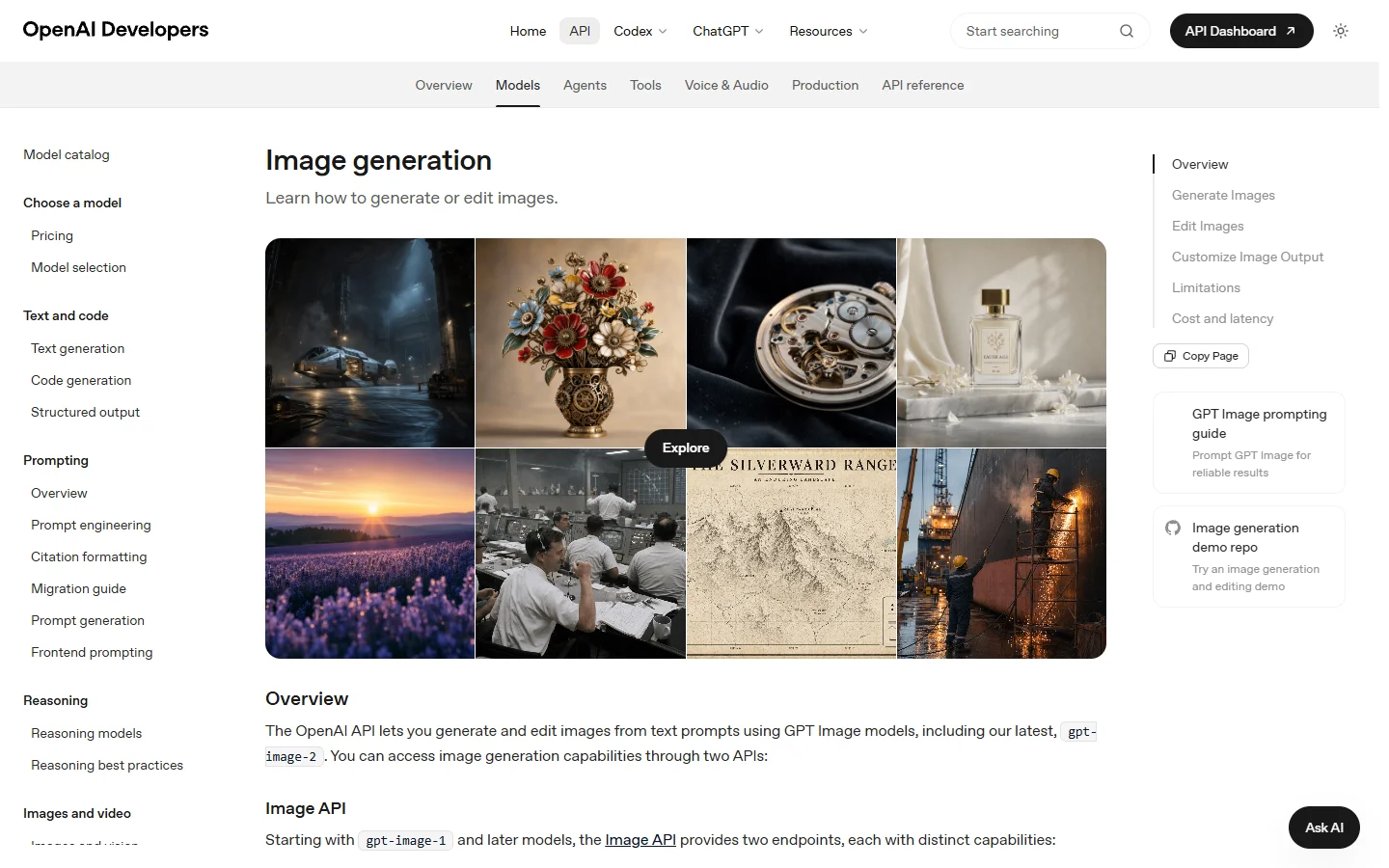 Screenshot of the OpenAI image generation documentation page